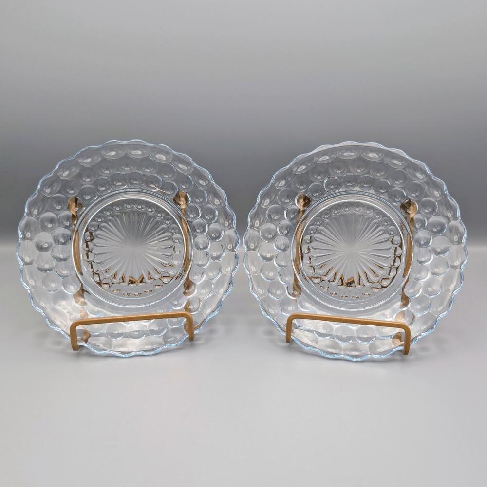 Anchor Hocking Bubble Blue Bread & Butter Plates 6.5" Pair Vintage 1940s